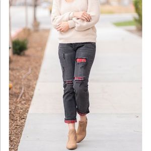 High Raise Buffalo plaid patch straight pant